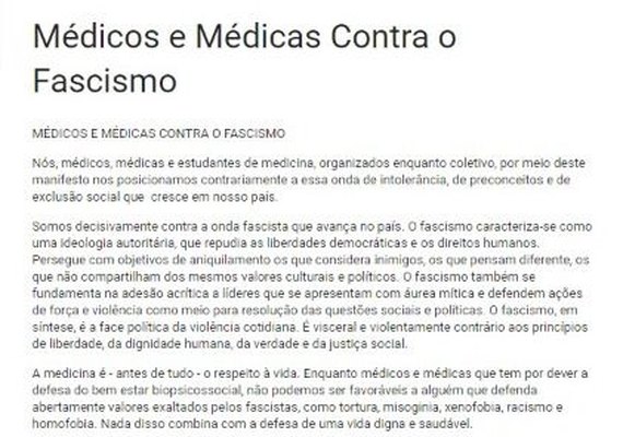 Médicos repudiam ideais fascistas