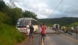Ônibus de passageiros derruba poste e interrompe transito na AL 413
