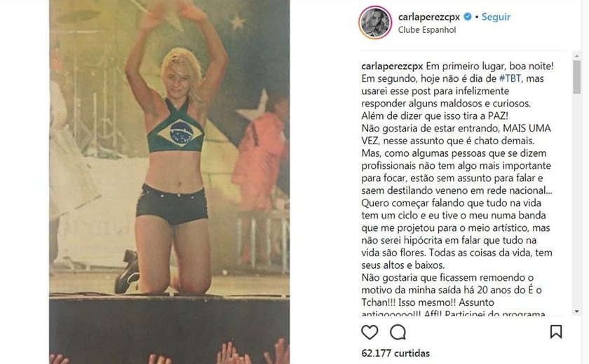 Carla Perez desabafa em rede social vinte anos após saída do grupo É o Tchan