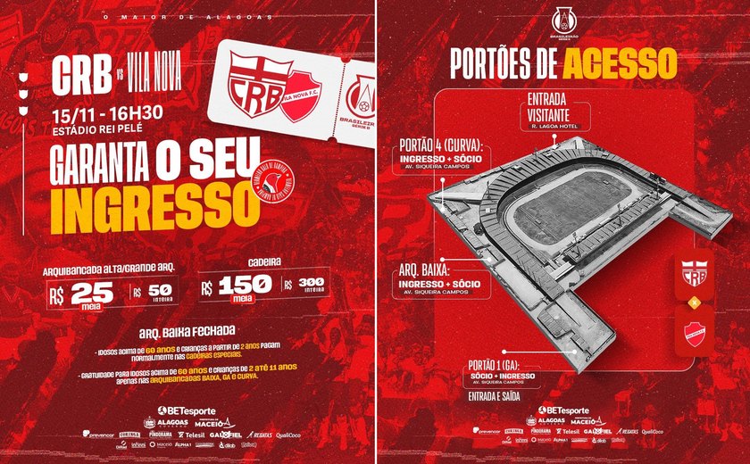 CRB inicia nesta quinta-feira (13) venda de ingressos para jogo contra o Vila Nova
