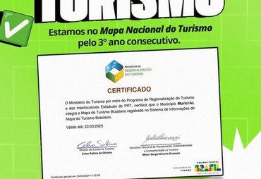 Murici obtém pela 3ª vez seguida certificado que o inclui no mapa do turismo brasileiro