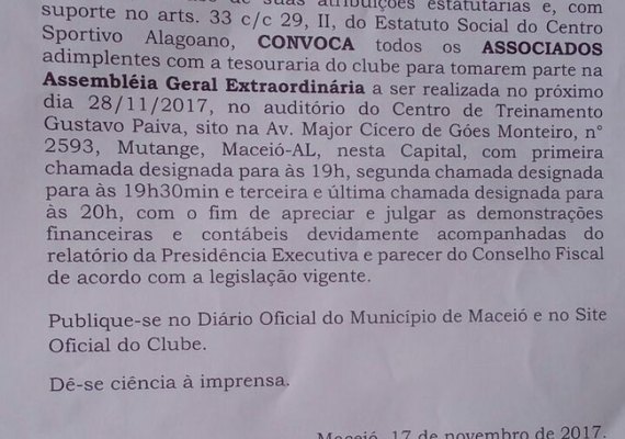 Conselho Deliberativo do CSA convoca assembleia para prestação de contas