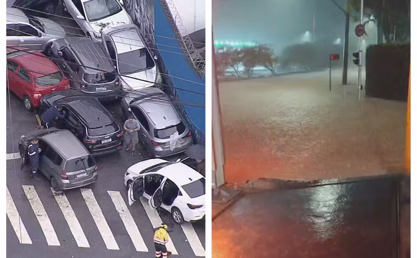 Carros são arrastados pela chuva na Zona Sul de SP, durante temporal da madrugada desta sexta-feira