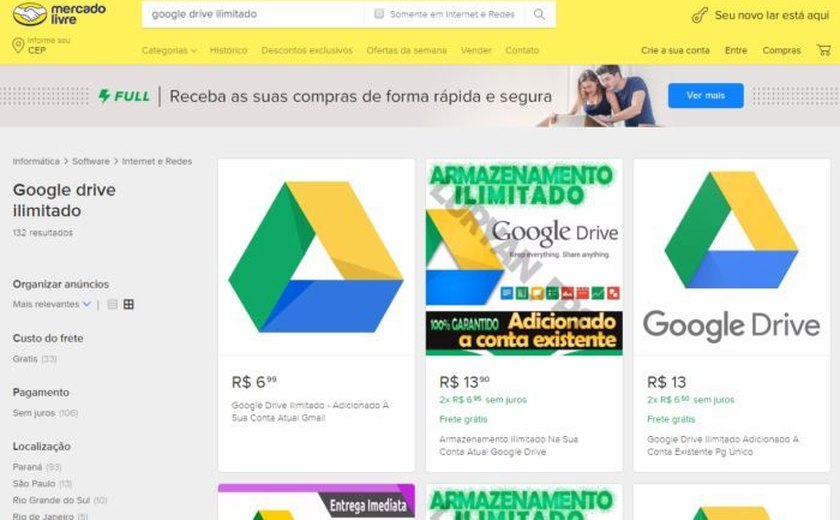 Mercado Livre remove anúncios por violações em venda de 'Google Drive ilimitado'