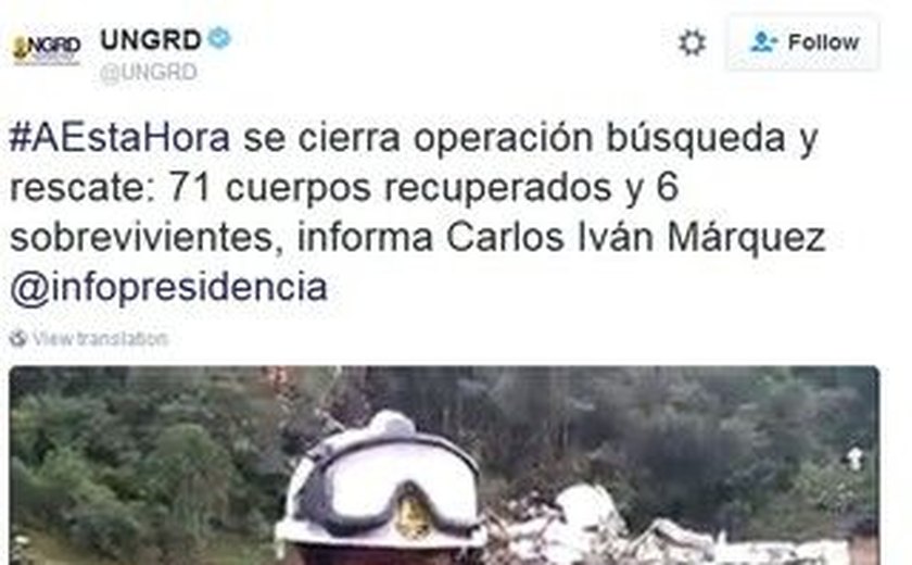 Colômbia anuncia fim do resgate de avião com 71 mortos e seis sobreviventes