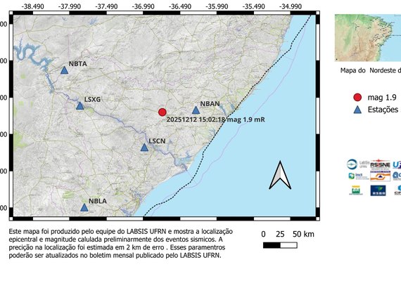 Tremor de terra em Craíbas teve magnitude 1.9