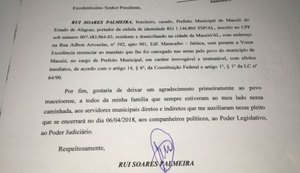 Câmara afirma que carta de Rui renunciando à Prefeitura é falsa