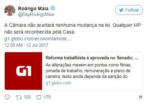 Rodrigo Maia diz que Câmara não aceitará mudança na reforma trabalhista