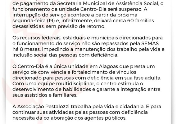 Pestalozzi anuncia interrupção de serviço por falta de pagamento na unidade Centro-Dia