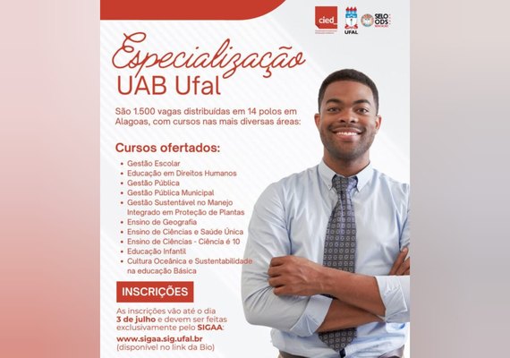 Ufal abre inscrições para 1.500 vagas em cursos de especialização a distância