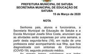 Satuba suspende aulas após filha de professora apresentar sintomas do coronavírus