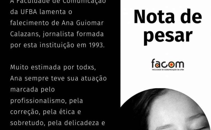 Velório da jornalista Ana Guiomar Calazans acontece hoje em Maceió