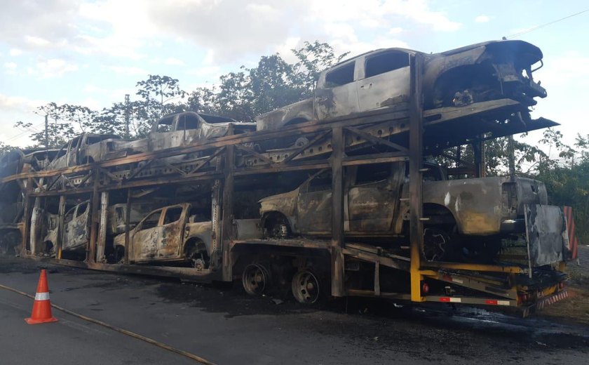 Vídeo: caminhão cegonha com oito veículos Chevrolet S-10 pega fogo e carga é destruída