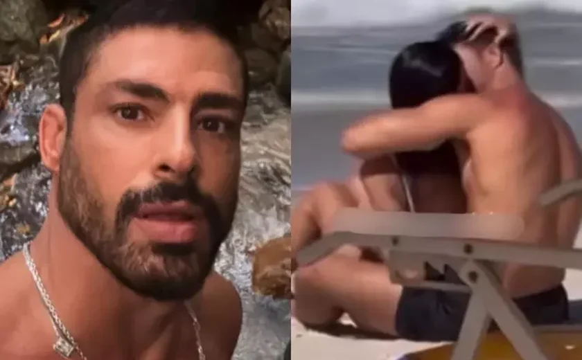Ator Cauã Reymond e modelo Luana Mandarino são flagrados aos beijos em praia no Rio
