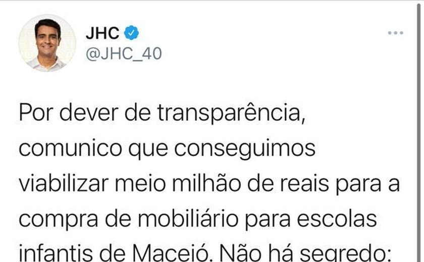 JHC anuncia meio milhão de reais para mobiliário de escolas infantis em Maceió