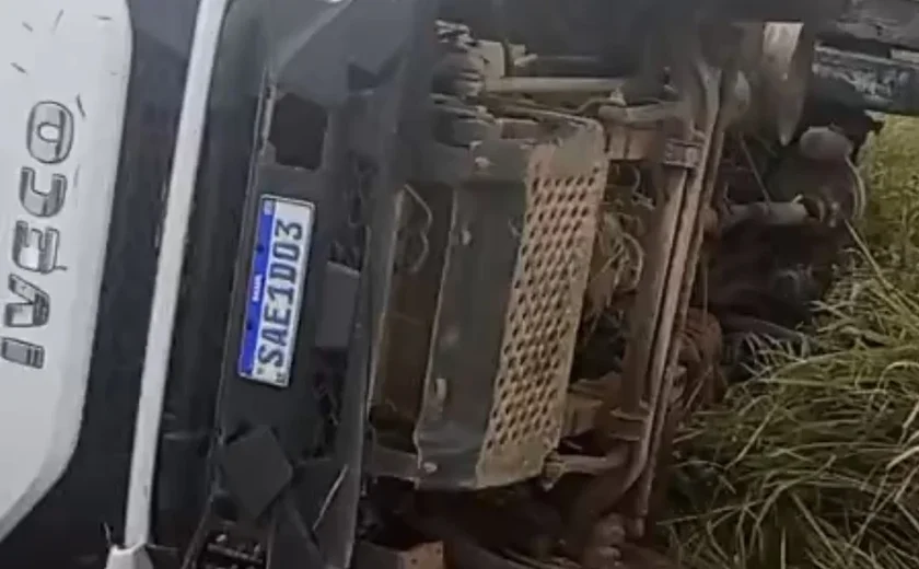 Caminhão sai da pista após motorista perder o controle da direção na AL-115, em Arapiraca