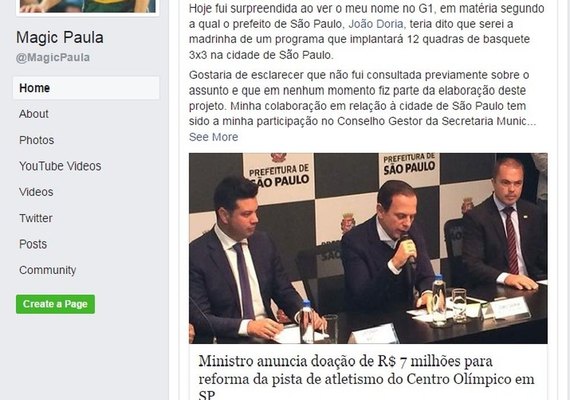 Doria anuncia Magic Paula como madrinha de projeto sem procurá-la