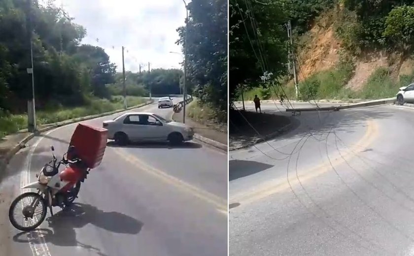 Acidente derruba poste e interdita via entre avenidas Pierre Chalita e Juca Sampaio