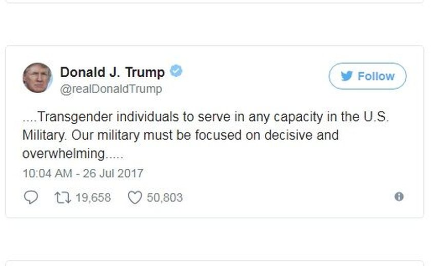 No Twitter, Trump diz que não vai permitir que transgêneros prestem serviço militar