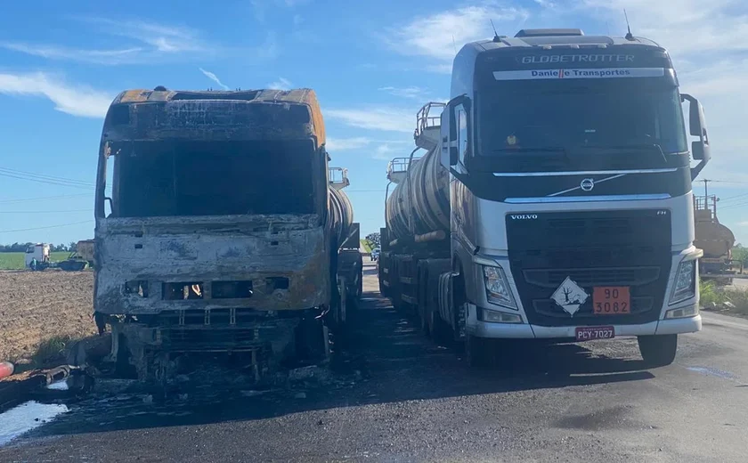 Caminhão-tanque pega fogo e motorista fica ferido na BR-101, em São Miguel dos Campos