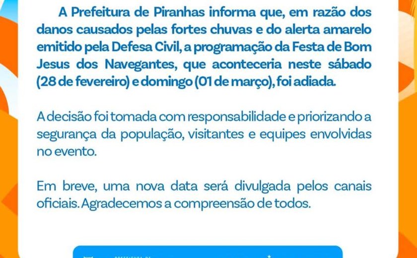 Chuvas levam Prefeitura a adiar Festa de Bom Jesus dos Navegantes em Piranhas