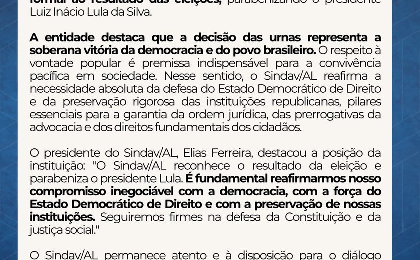 Sindav/AL reconhece resultado das eleições e parabeniza Lula