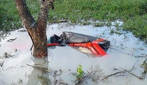 Carro bate em árvore, capota e vai parar em área alagada no Pilar
