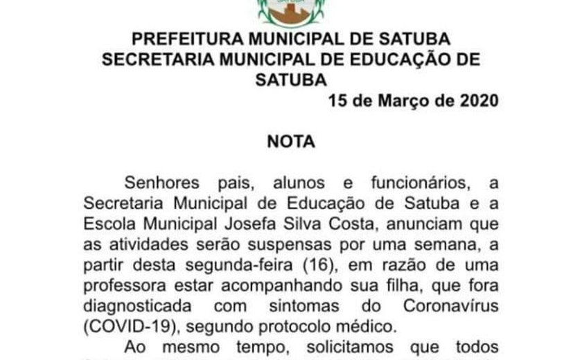 Satuba suspende aulas após filha de professora apresentar sintomas do coronavírus