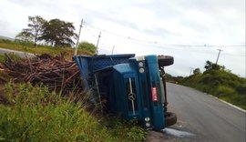 Caminhão carregado de madeira tomba na AL-220