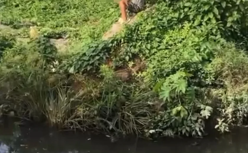 Criança é flagrada  em riacho de Arapiraca tentando interagir com jacarés