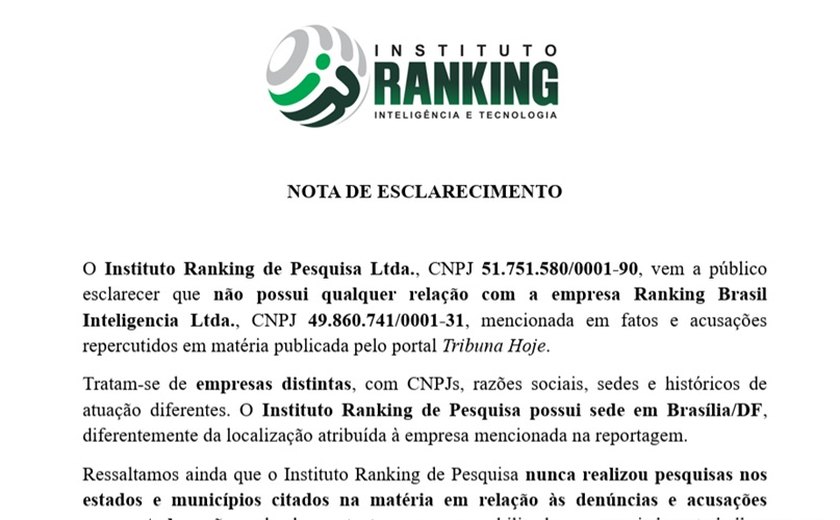 Instituto Ranking de Pesquisa nega relação com empresa condenada por fraude em pesquisas