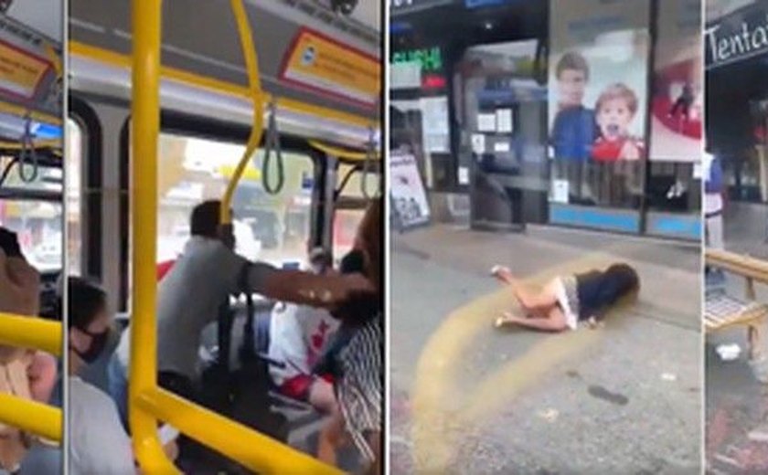 Mulher sem máscara cospe em passageiro e é arremessada de ônibus; veja o vídeo