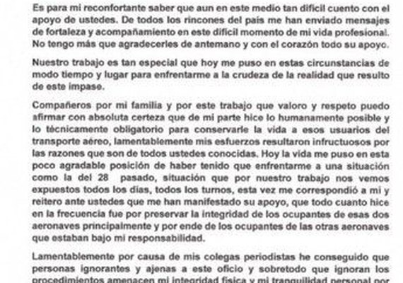 Carta que seria de controladora de voo é divulgada na imprensa da Colômbia