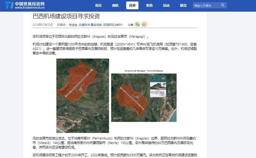 Site chinês anuncia aeroporto de Maragogi como oportunidade de investimento