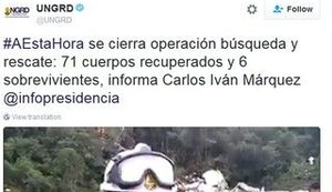 Colômbia anuncia fim do resgate de avião com 71 mortos e seis sobreviventes