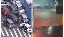 Carros são arrastados pela chuva na Zona Sul de SP, durante temporal da madrugada desta sexta-feira