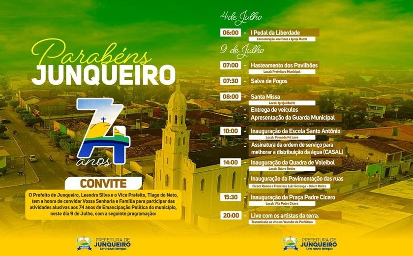 Empolgado com seus trabalhos prefeito anuncia os 74 anos de emancipação de Junqueiro    