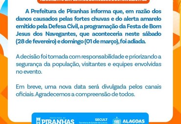 Chuvas levam Prefeitura a adiar Festa de Bom Jesus dos Navegantes em Piranhas