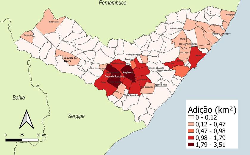 Agreste concentrou 64% da adição de áreas urbanizadas em Alagoas entre 2019 e 2022