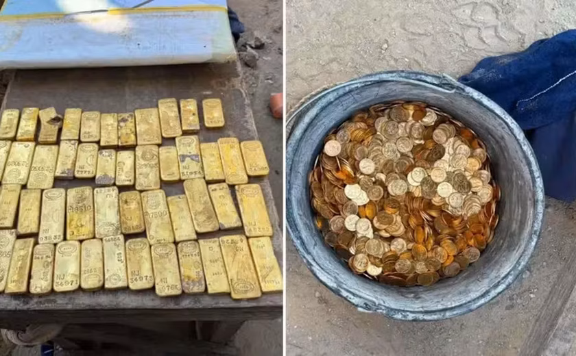 Pedreiros que encontraram tesouro de R$ 54 milhões em moedas e barras de ouro em parede de casa na Bélgica