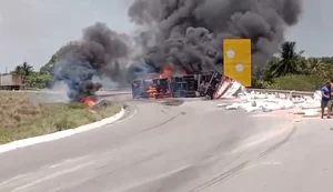 Carreta com carga de ração tomba e é destruída por incêndio em Porto Real do Colégio