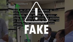 Renan Filho não fez publicação sobre proibição de venda de bebidas alcoólicas