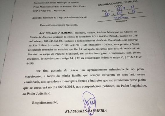 Câmara afirma que carta de Rui renunciando à Prefeitura é falsa