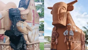 Escultura de “Boi Bumbá” é parcialmente destruída por fogo na Avenida da Paz