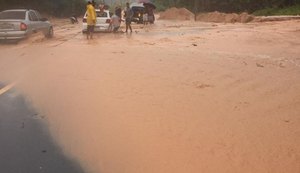 Cratera se forma na AL-465 Norte, em Japaratinga, devido às chuvas