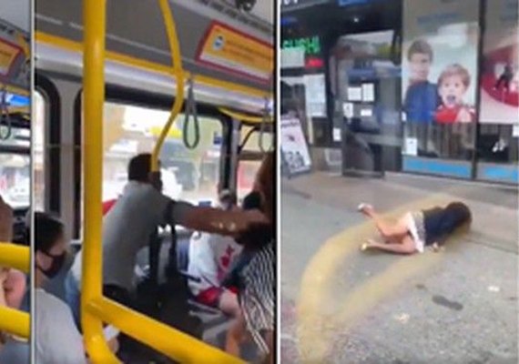 Mulher sem máscara cospe em passageiro e é arremessada de ônibus; veja o vídeo