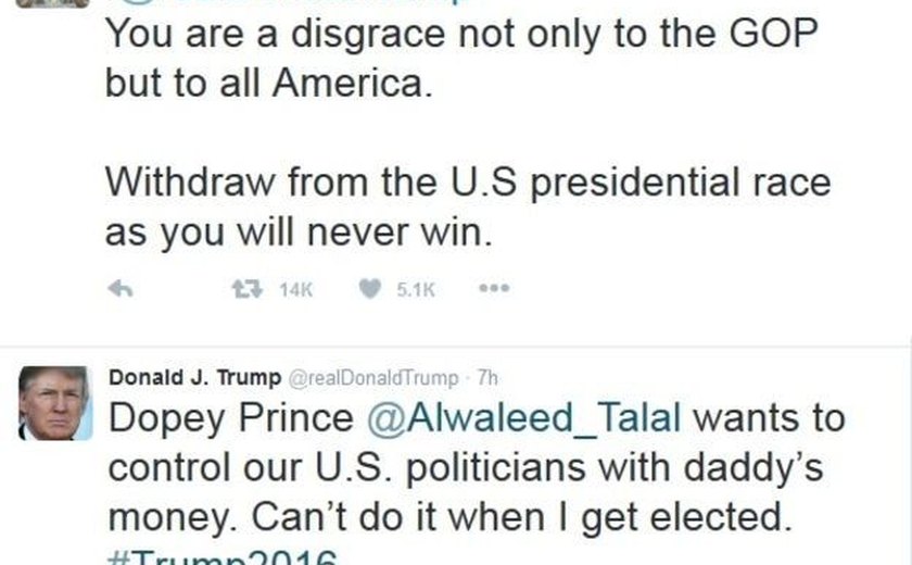Pelo Twitter, príncipe saudita felicita Donald Trump após insultá-lo