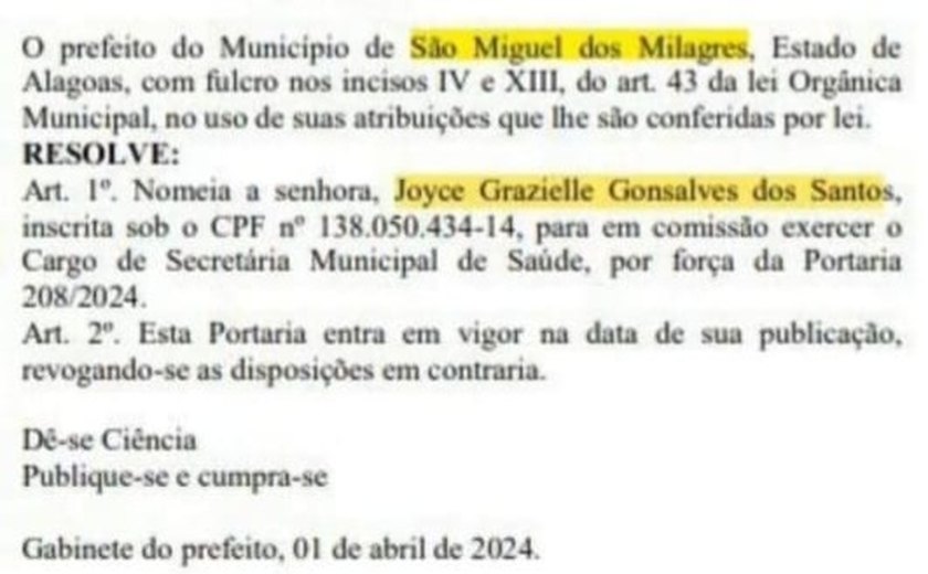 Prefeito de São Miguel dos Milagres é denunciado por nepotismo ao nomear a filha como secretária de saúde