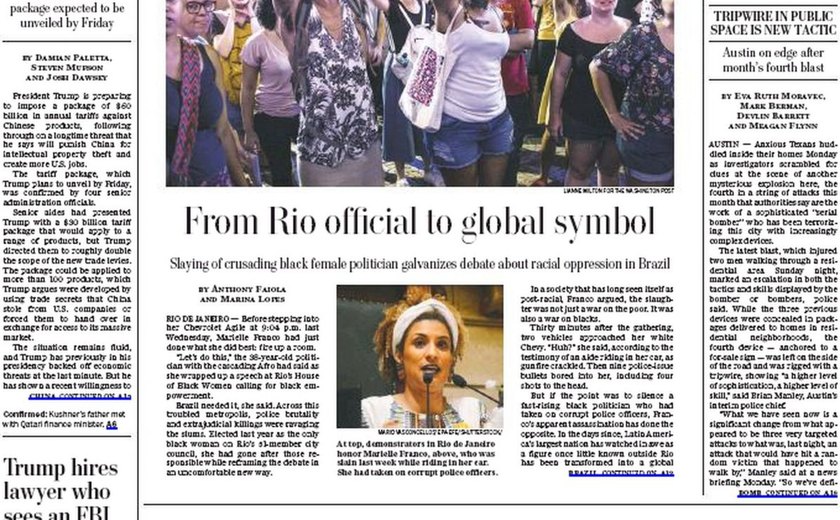 Washington Post diz que Marielle se tornou 'símbolo global contra a opressão racial'
