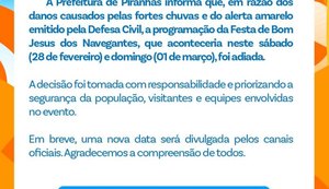 Chuvas levam Prefeitura a adiar Festa de Bom Jesus dos Navegantes em Piranhas